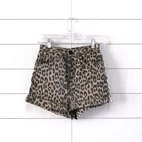 Topshop Pants - Topshop Moto Leopard High Waist Cuff Denim Shorts